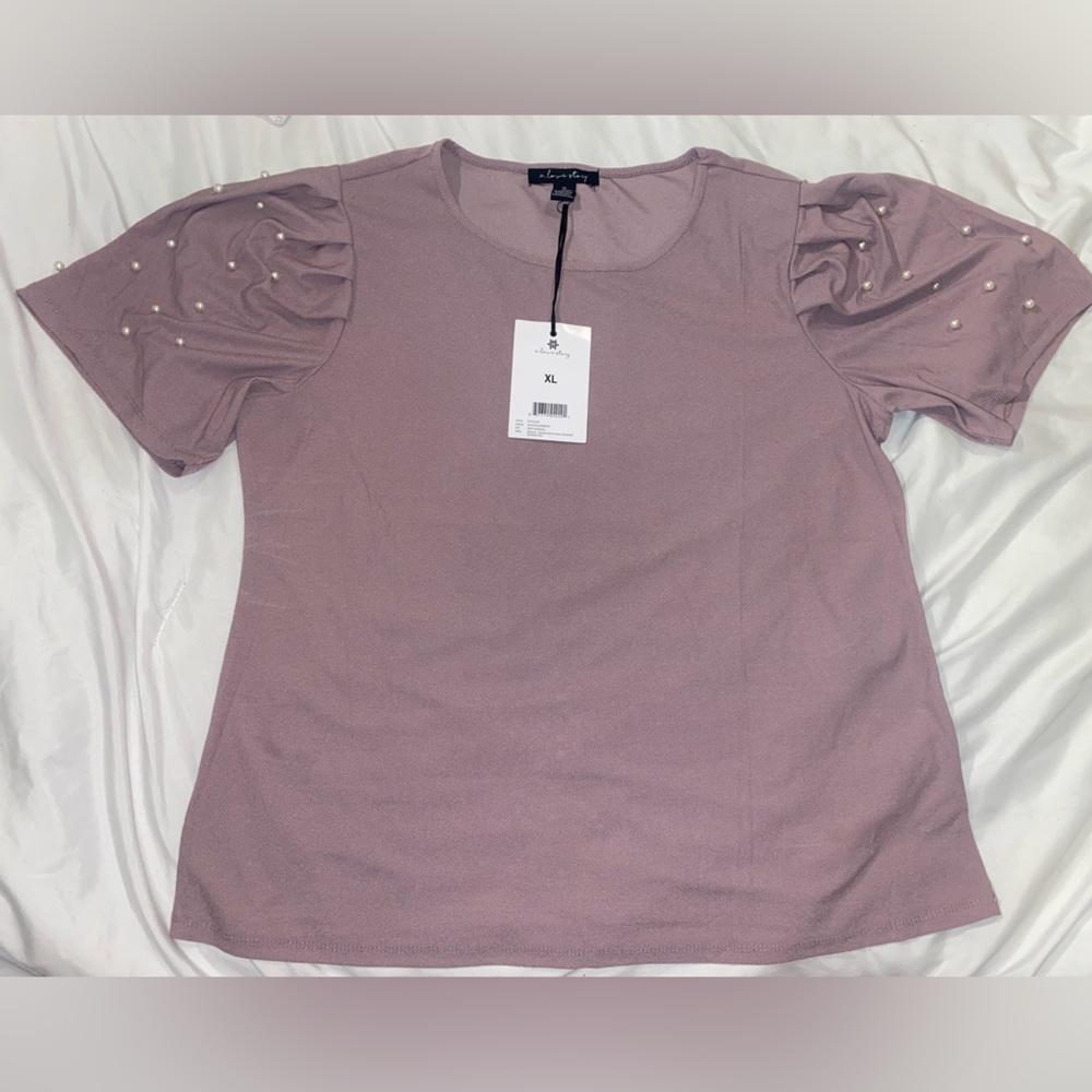 Mauve Elegance: Beaded Pearl Sleeve Blouse